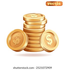 Gold Dollar 3d. Stack of coins in cartoon style