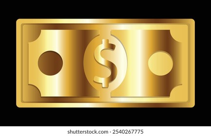 Gold Dollar cash money United States of America currency note in golden color vector illustration. Dollar bill, currency bank note, cash and money symbol. Flat vector illustration.