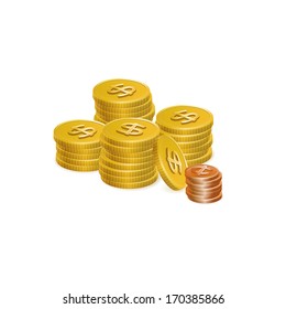 Gold Dollar and Cent Coins Stacks vector icons