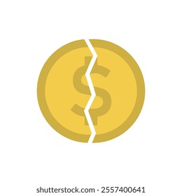 Gold dollar coin broken in half icon. Vector illustration.