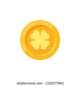 Gold dollar coin with clover leaf. Flat icon. Isolated on white. Luck symbol. Irish shamrock. Economy, finance, money pictogram. Wealth symbol.  Vector illustration.