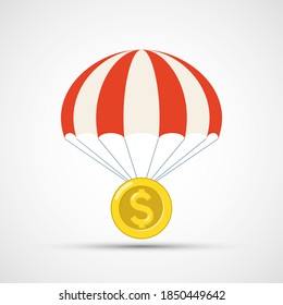 La moneda de oro está cayendo en paracaídas. Icono aislado en fondo blanco. Ilustración vectorial.
