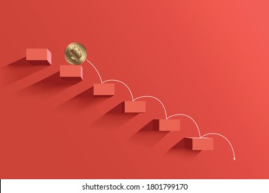 Gold dollar coin falling down the steps on a red background. The arrow points down. The concept of the global economic crisis. Poster for the financial fall in the world. Vector. Default banner