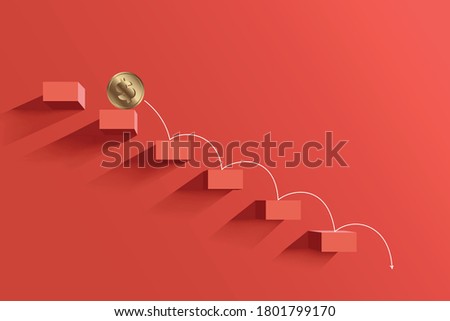 Gold dollar coin falling down the steps on a red background. The arrow points down. The concept of the global economic crisis. Poster for the financial fall in the world. Vector. Default banner