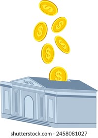 Gold dollar coin falling into bank for saving concept illustration