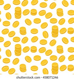 Gold dollar coin falling seamless pattern on white. Money background.