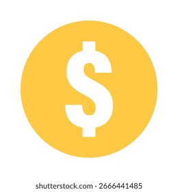 Ícone plano da moeda de dólar dourado, simbolizando riqueza e lucro. A moeda de dólar representa poupança e investimento. A moeda de dólar é perfeita para projetos de design financeiro e empresarial