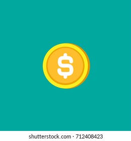 Gold dollar coin. Flat icon. Isolated on turquoise background. Economy, finance, money pictogram. Wealth symbol.  Vector illustration.