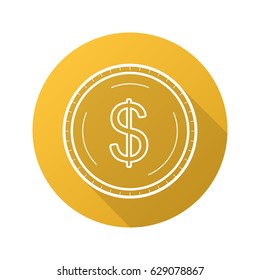 Gold dollar coin flat linear long shadow icon. Vector line symbol