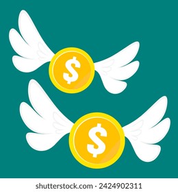 Gold dollar coin flying with wings isolated on green background. Two money flies. Concept of finance, wealth, investment and spending. Vector illustration svg