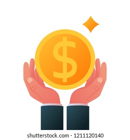 Gold dollar coin in hand. Vector illustration flat style design. Holding money in palm human. Pay cash. Isolated on white background. Giving, receiving money. 