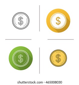 Gold dollar coin icon. Flat design, linear and color styles. Isolated vector illustrations