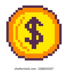 Gold dollar coin, isolated arcade or tournament interface elements. Play details, cash with USD currency sign on it. Pixel art, 8 bit retro graphics, old game design. Vector in flat illustration