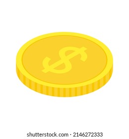 Gold dollar coin. Isometric golden money icon. Wealth symbol. Vector illustration isolated on white.