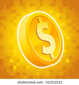 Gold dollar coin on pixel background