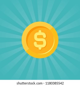 Gold dollar coin with rays. Flat icon. Isolated on blue. Economy, finance, money pictogram. Wealth symbol.  Vector illustration.