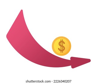 La moneda de oro se desliza por la línea de flecha abajo del gráfico. Crisis conceptual USD. disminución del diagrama. Crisis mundial. Desplome del mercado e índices en descenso. Colapso de la economía