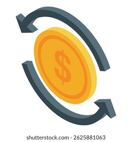 A moeda de ouro em dólar é rotativa com duas setas simbolizando o movimento da moeda