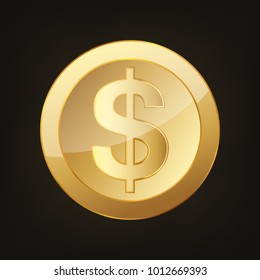 Gold dollar coin. Vector illustration. Golden dollar coin on dark background.