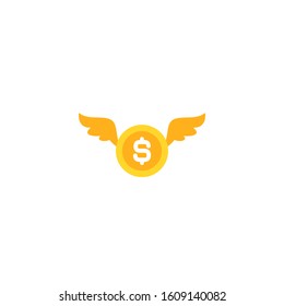 Gold dollar coin with white wings. Flat icon. Isolated on white background. Flying money. Economy, finance, money pictogram. Wealth symbol.  Vector illustration. Free, easy.  Spend, expenses  