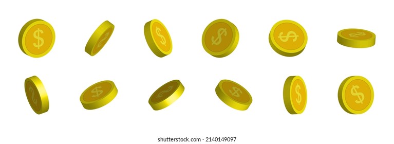 Gold dollar coins with animation for game. 3d cartoon icons with animation of turn and flip set. Vector. Circle money for casino UI illustration.