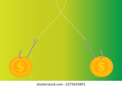 Gold dollar coins attached to fish hooks, money hunting concept