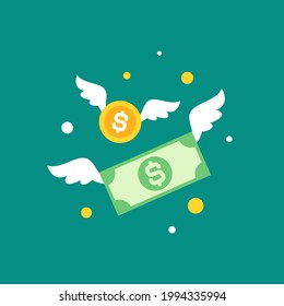 Gold dollar coins and banknotes with wings. Flat  blue background. Flying money. Economy, finance, money pictogram. Wealth symbol.  Vector illustration. Free, easy.  Spend, expenses  