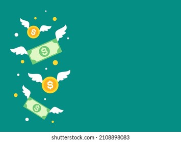 Gold dollar coins and banknotes with wings. Flat  blue background. Flying money. Economy, finance, money pictogram. Wealth symbol.  Vector illustration. Free, easy.  Spend, expenses  