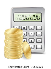 Gold dollar coins with calculator. Vector illustration
