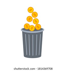 Gold dollar coins fall into the trash can. Vector illustration, flat cartoon design, isolated on white background, eps 10.