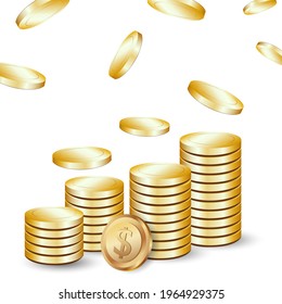 Gold dollar coins are falling on white. 3d gold money isolated coins background concept for business