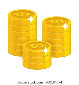 Gold dollar coins. Having a lot of money and possessions symbol. Business finance and economy concept. Cartoon vector illustration isolated on white background