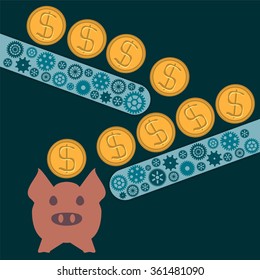 Gold dollar coins are rolling to a pig piggy Bank. Investment income from deposits. Money is working.