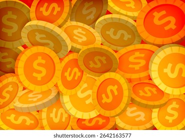 Gold dollar coins stacked and overlapping each other symbolizing banking assets, American currency, financial strength, investment strategy, and savings growth