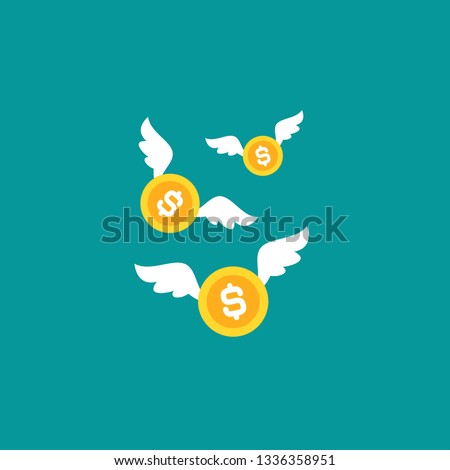 Gold dollar coins with white wings. Flat  blue background. Flying money. Economy, finance, money pictogram. Wealth symbol.  Vector illustration. Free, easy.  Spend, expenses  