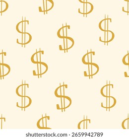 Patrón sin fisuras del doodle del dólar del oro en el fondo blanco roto. Símbolo de dólar estadounidense repitiendo fondo.