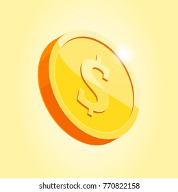 Gold dollar icon. Flying and shining coin. Symbol of luck, profit and success.