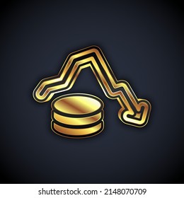 Gold Dollar Rate Decrease Icon Isolated On Black Background. Cost Reduction. Money Symbol With Down Arrow. Business Lost Crisis Decrease. Vector