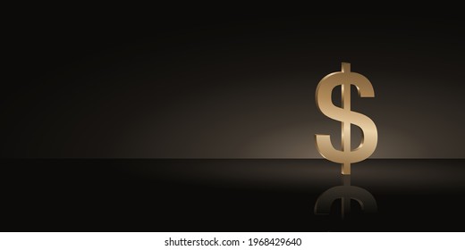 Gold dollar sign, 3D gold dollar symbol with blank space for text and black background, 3D rendering