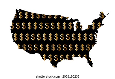 Gold Dollar sign shameless over USA map vector silhouette illustration isolated on white background. United States of America map with dollar symbol. Strong and powerful economy. Trust and credibility