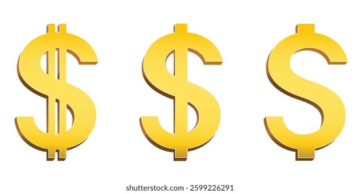 Gold Dollar Signs or Symbol Transparent Png or on a White Background. Three glossy, golden dollar signs ($$) against a pure white background.