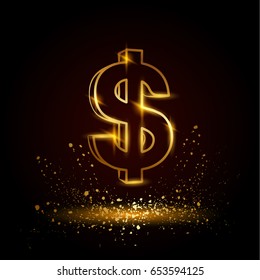 Gold dollar symbol. Currency linear vector illustration on a black background.