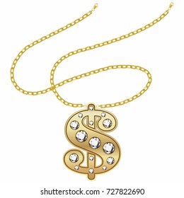 Gold dollar symbol necklace. Vector hip hop rap style.