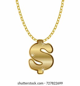  Gold dollar symbol necklace. Vector hip hop rap style.