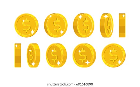 Gold dollar views cartoon style isolated. The gold dollar is at different angles around its axis for designers and illustrators. Rotation of a gold coin in the form of a vector illustration