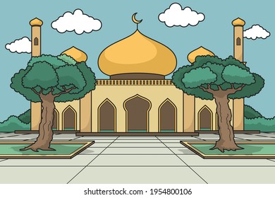 Gold Dome Mosque With a Large Yard. Vector Illustration. Children Book.