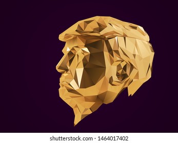 Gold Donald Trump Jr, President Of The United States Of America On Purple Background. Shiny Metallic Golden Low Poly Vector 3D Rendering