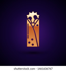 Gold Doner kebab icon isolated on dark blue background. Shawarma sign. Street fast food menu.  Vector Illustration