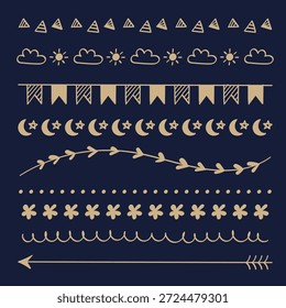Juego de borde dibujado a mano de Paquete divisor de Doodle dorado. Ilustración vectorial