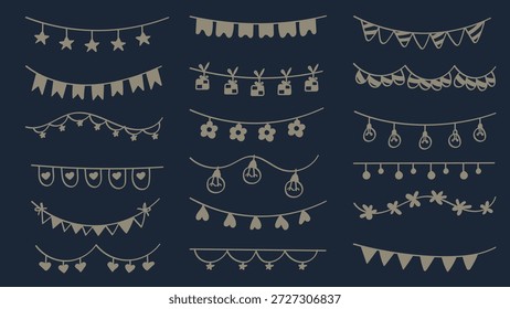 Juego de decoración de banderas de Bunting divisor de Doodle dorado. Ilustración vectorial